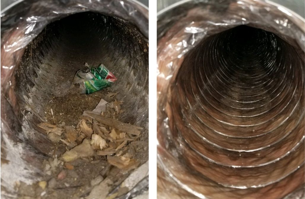 A before and after picture of a duct that has been cleaned.