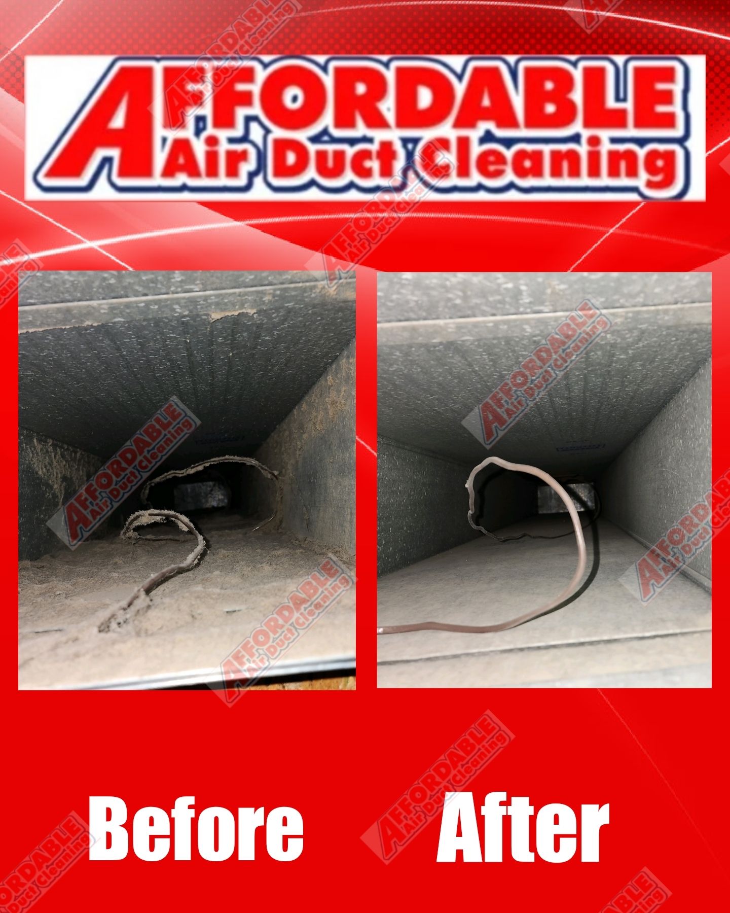 An ad for affordable air duct cleaning shows before and after pictures