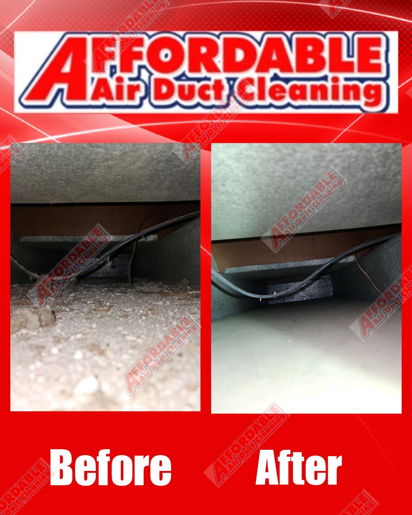 An ad for affordable air duct cleaning shows before and after pictures