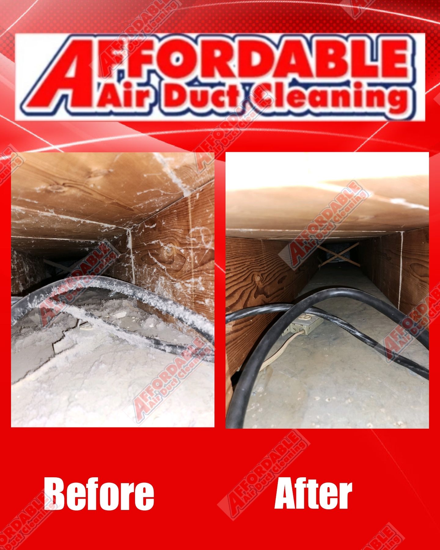 A before and after picture of a duct cleaning company