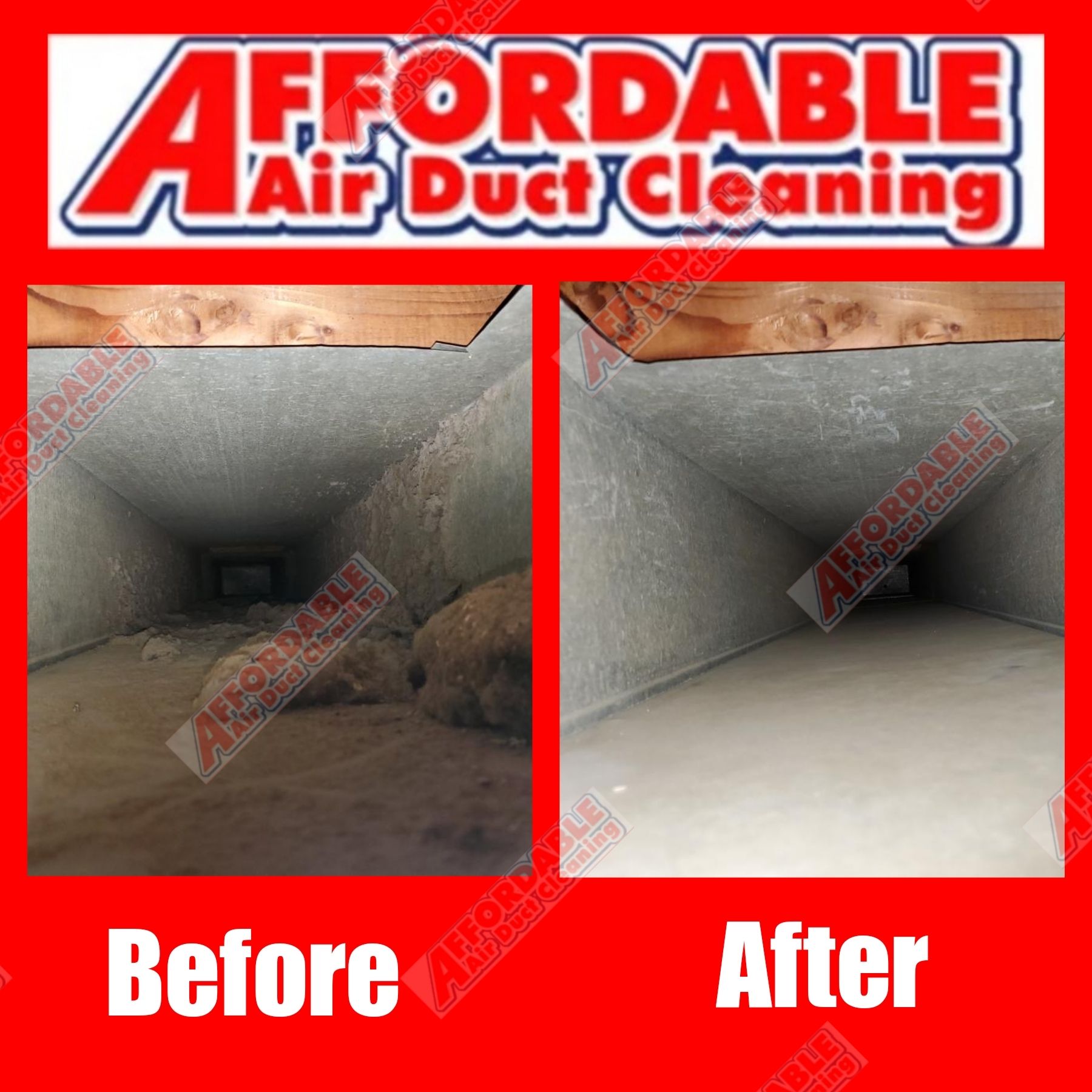 An ad for affordable air duct cleaning shows a before and after picture