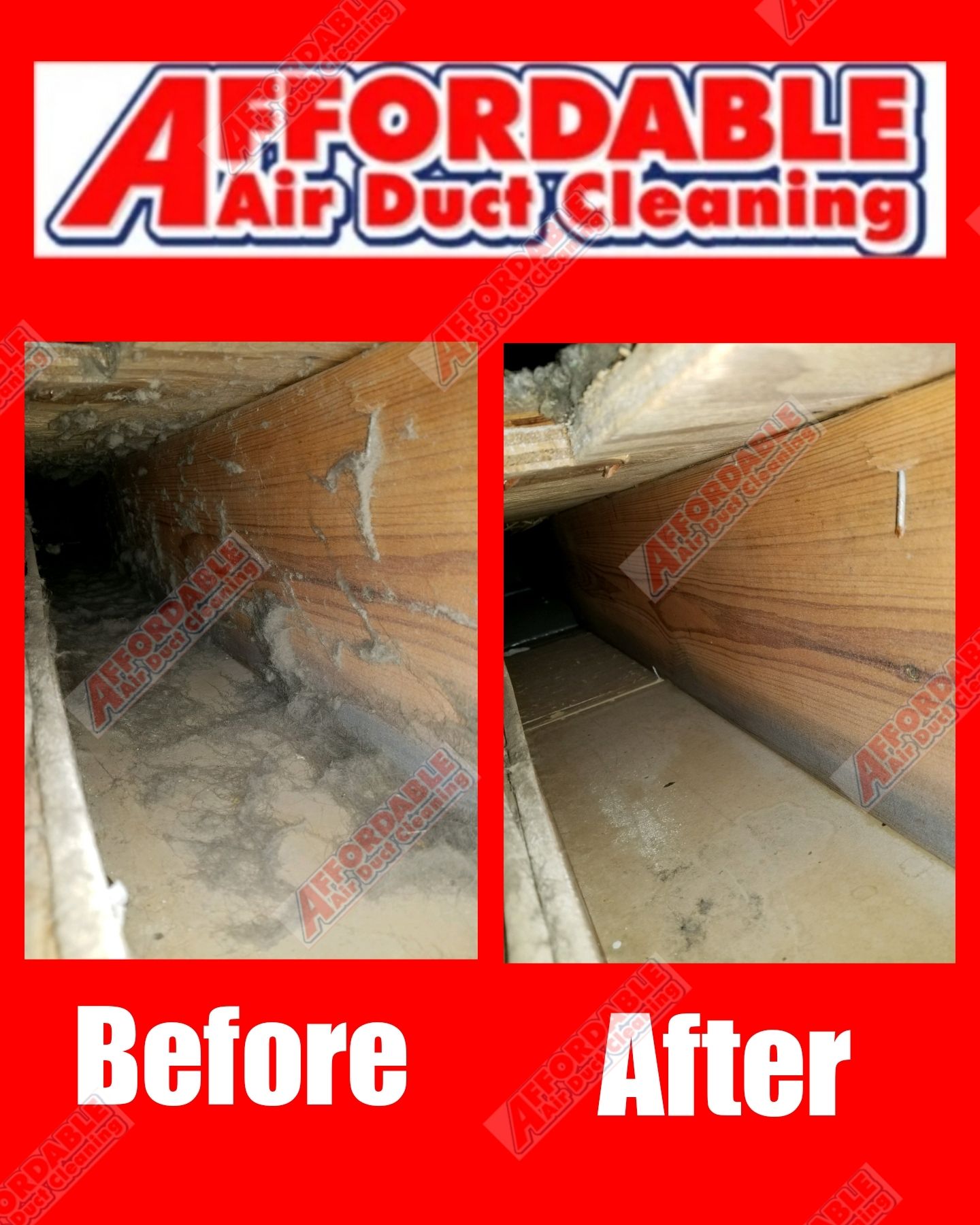 An ad for affordable air duct cleaning shows a before and after picture