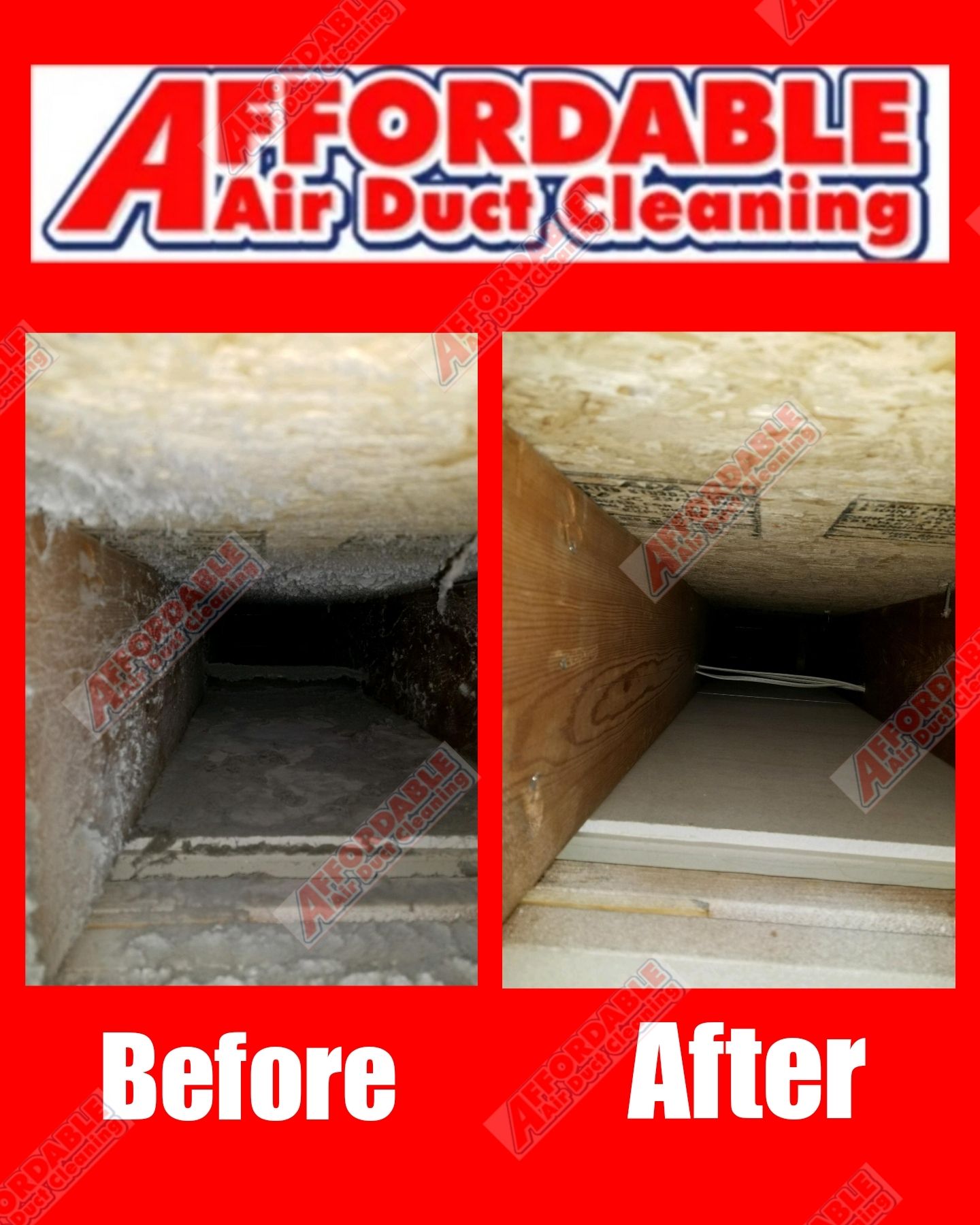 An ad for affordable air duct cleaning shows a before and after picture