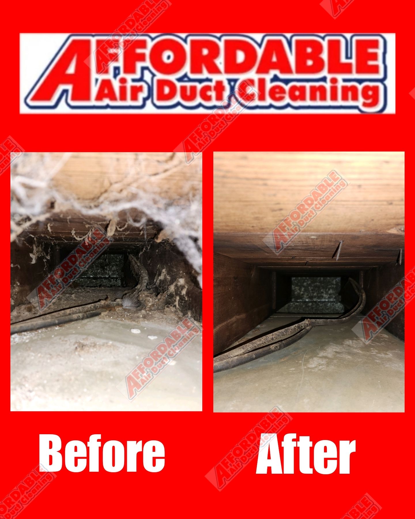 An ad for affordable air duct cleaning shows a before and after picture