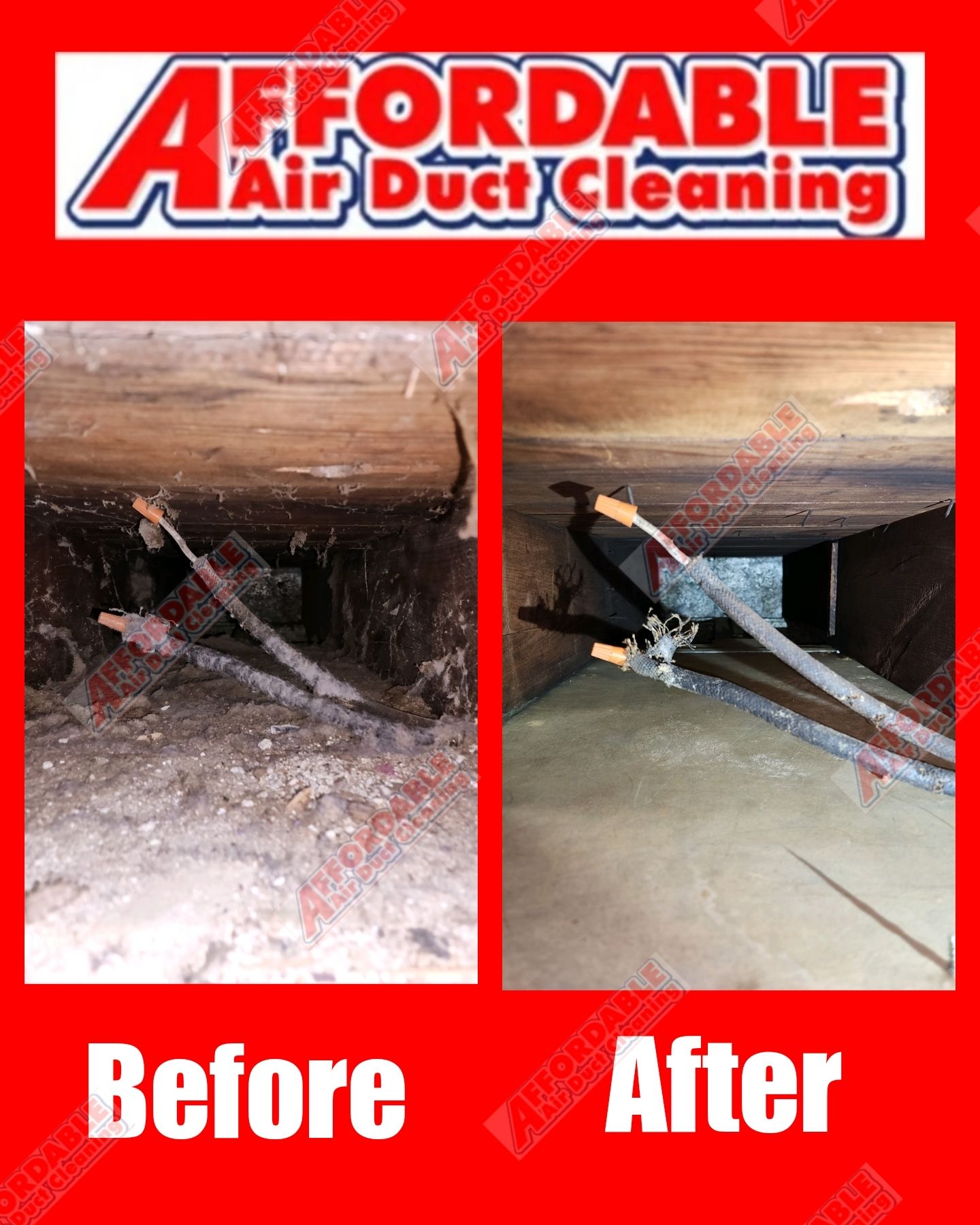 An ad for affordable air duct cleaning shows a before and after picture