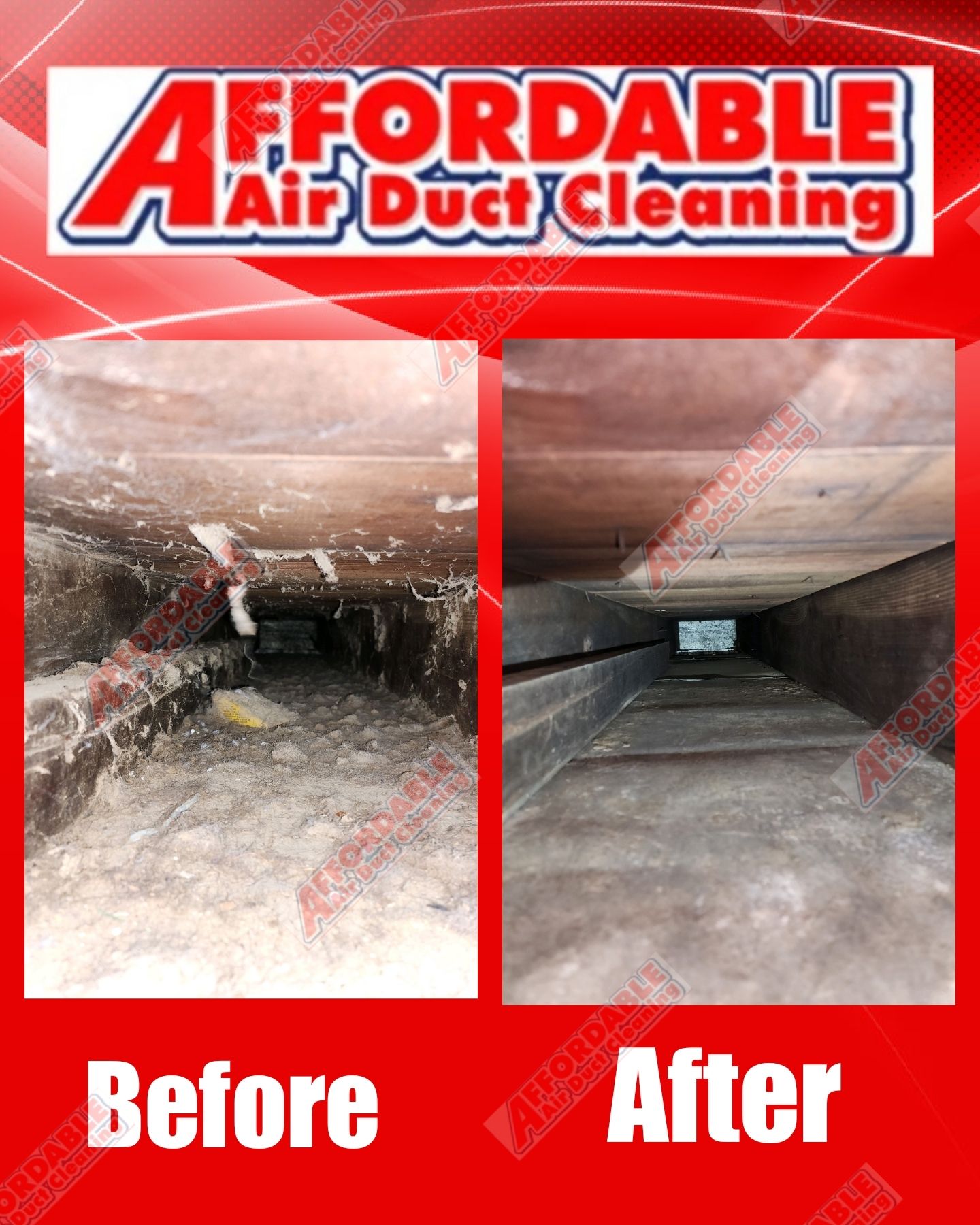 A before and after picture of an air duct cleaning company
