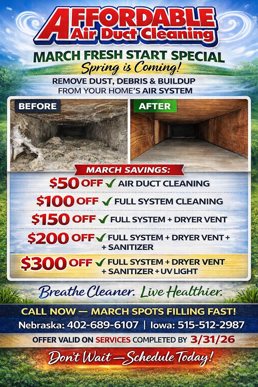Advertisement for affordable air duct cleaning. Special March savings, before/after duct photos. Contact info included.