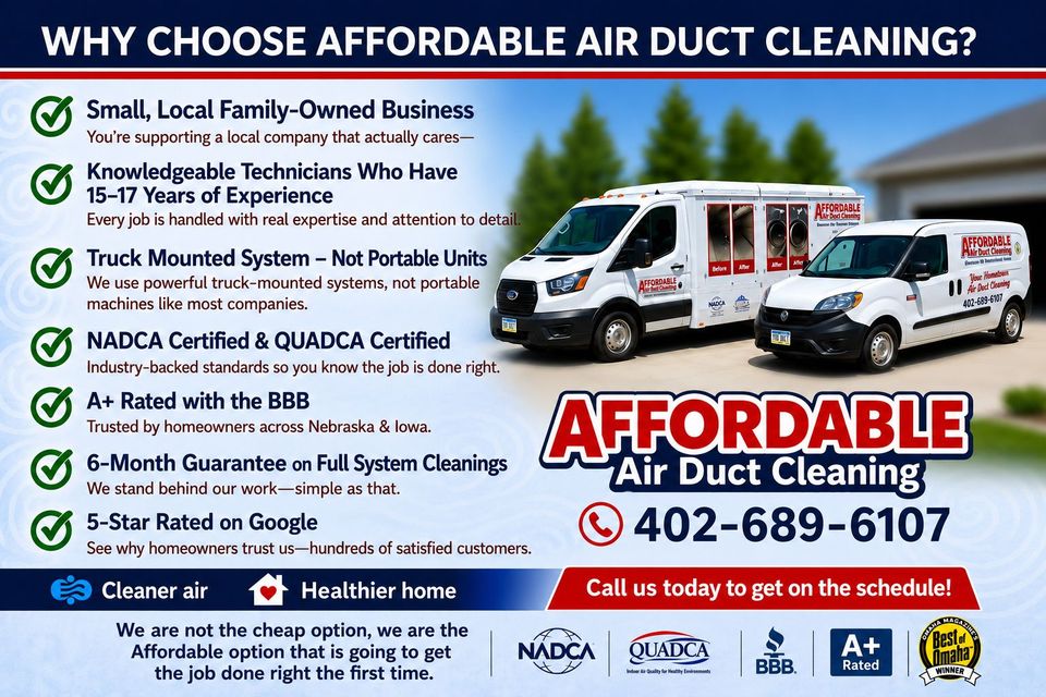 Affordable Air Duct Cleaning ad with white service vans, green checklist, and phone number 402-689-6107