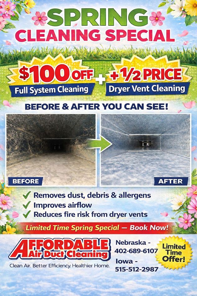 Advertisement for affordable air duct cleaning. Special March savings, before/after duct photos. Contact info included.
