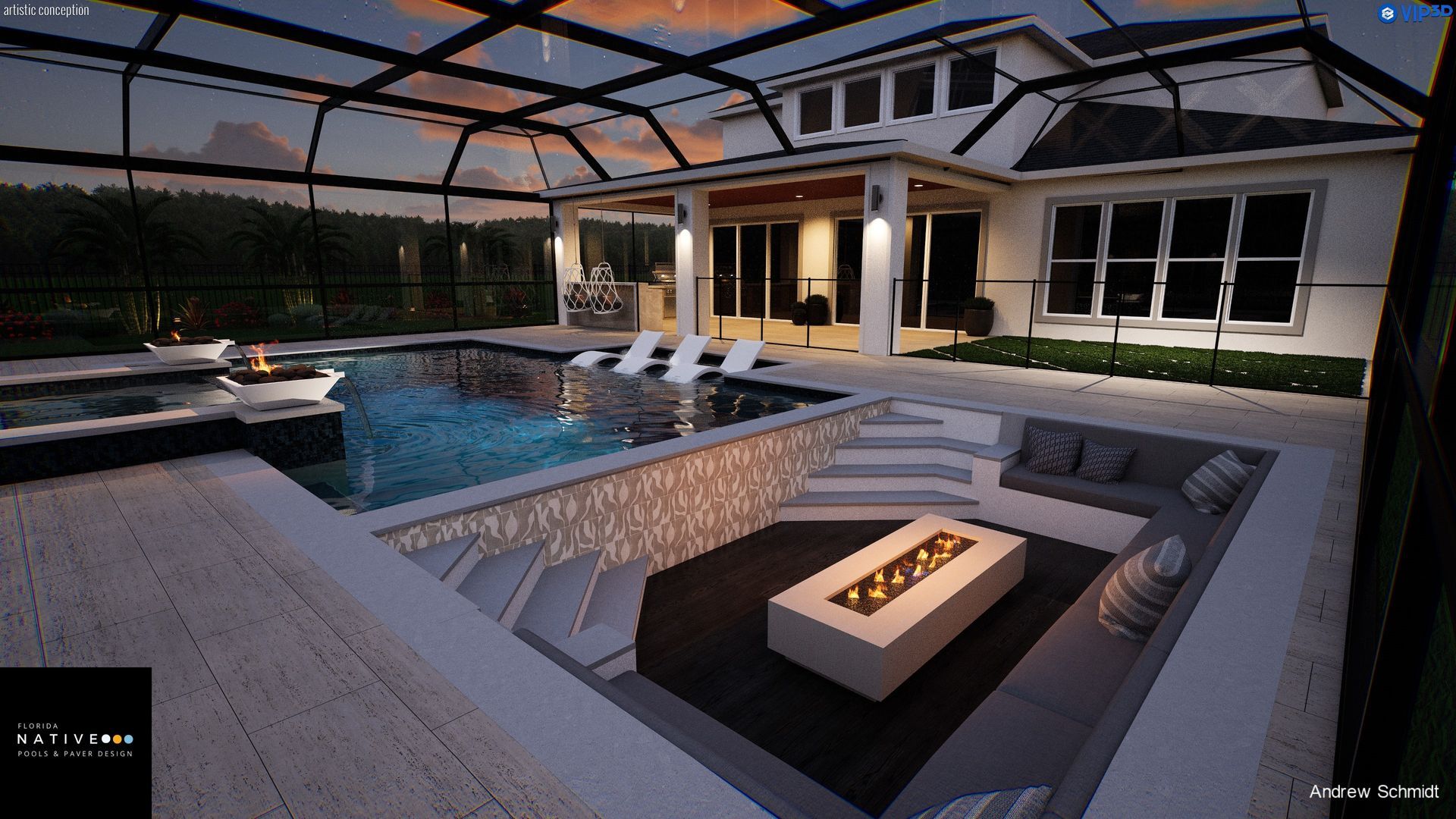 Modern patio with pool, sun loungers, fire pit, and covered outdoor seating at dusk