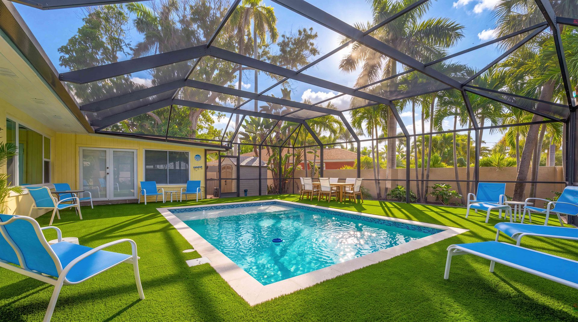 Screened backyard pool with blue lounge chairs and a patio beneath a black metal enclosure