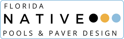 Florida Native Pools & Paver Design logo with black text and blue, gold, and black dots