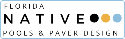 Florida Native Pools & Paver Design logo with black text and blue, gold, and black dots