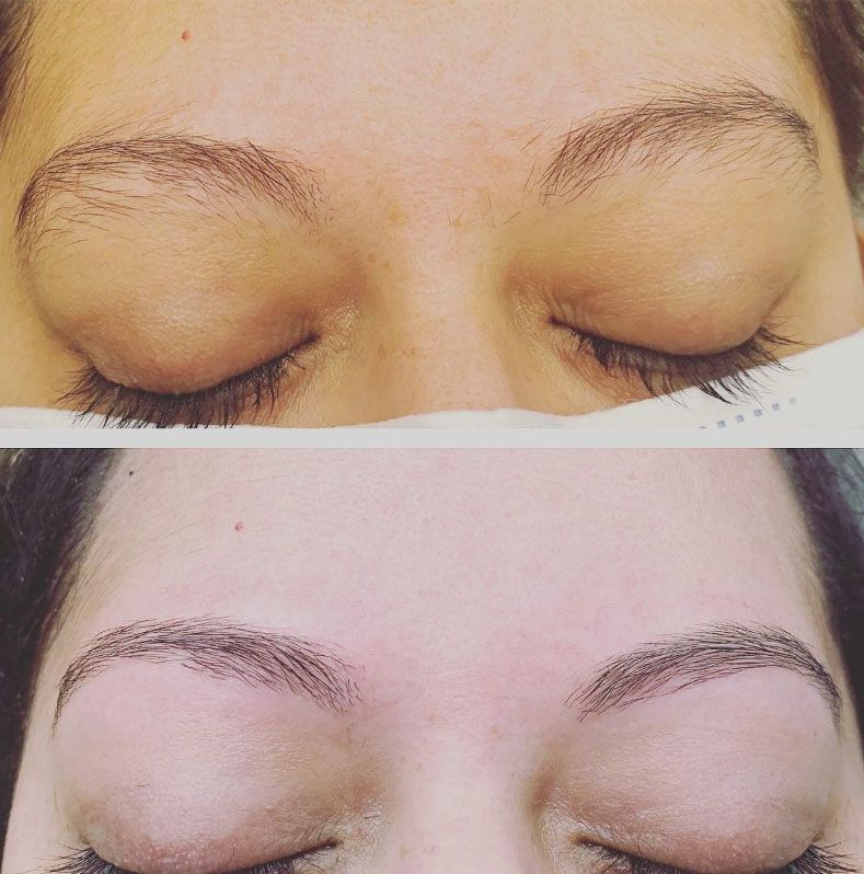 A before and after picture of a woman 's eyebrows.