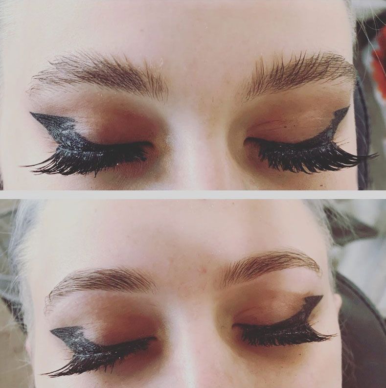 A before and after picture of a woman 's eyelashes and eyebrows.