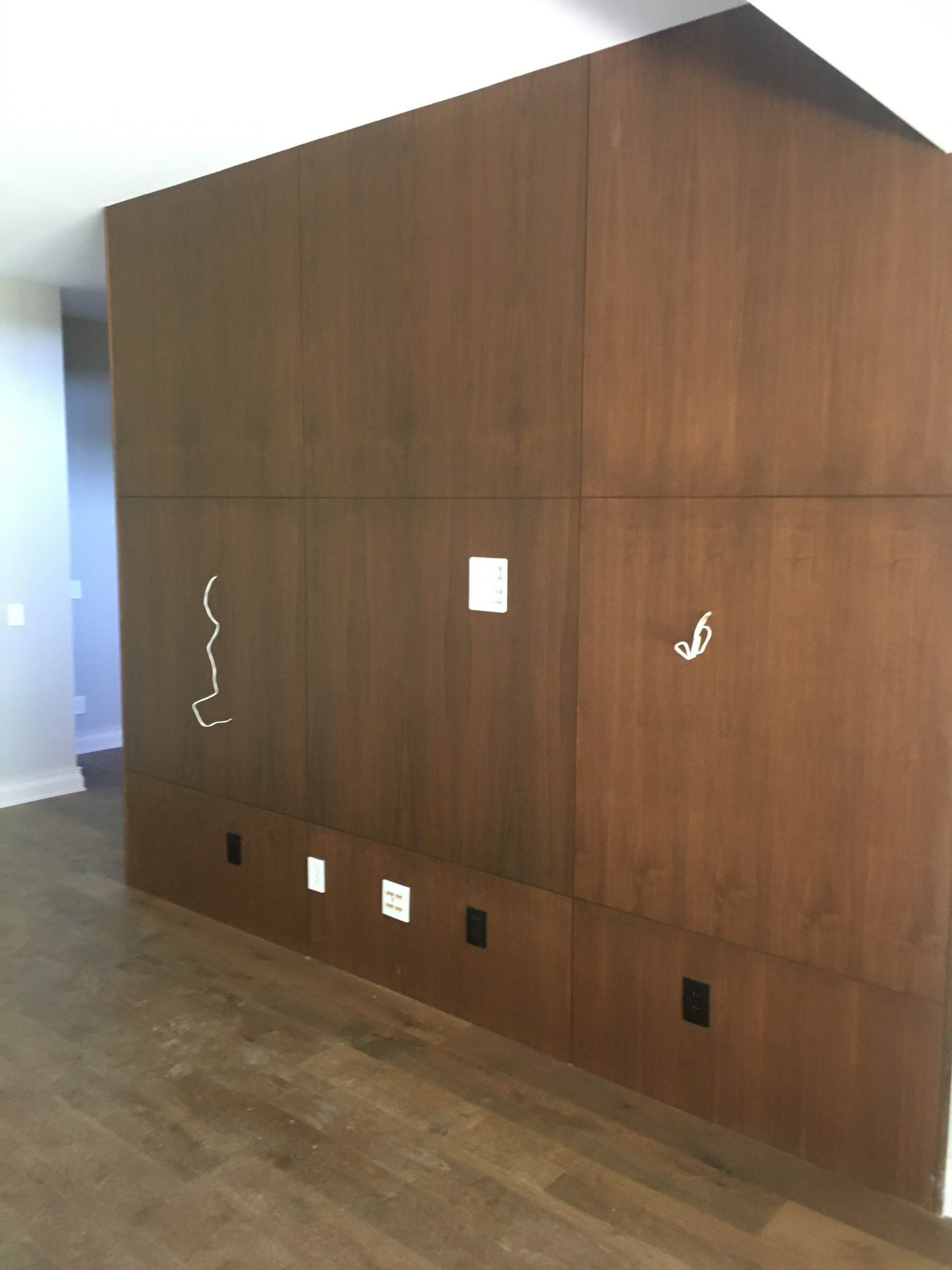 Wood-paneled wall with outlets and hanging wires in an empty room