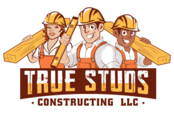 The logo for true studs construction llc shows three construction workers holding wooden blocks.