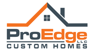 The logo for pro edge custom homes shows a house with a roof