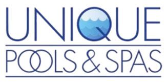 Logo for Unique Pools & Spas: blue text with a water graphic in the letter 