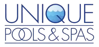 Logo for Unique Pools & Spas, text with a water-themed "Q" design element.