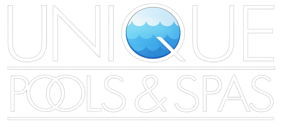 Logo for Unique Pools & Spas, text with a water-themed "Q" design element.