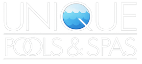 Logo for Unique Pools & Spas, text with a water-themed "Q" design element.