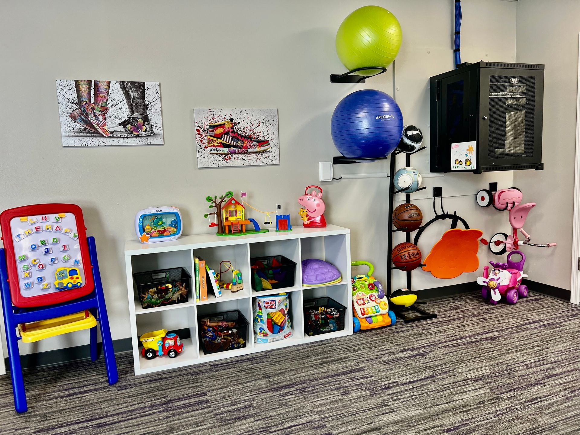 A room filled with lots of toys and exercise equipment.