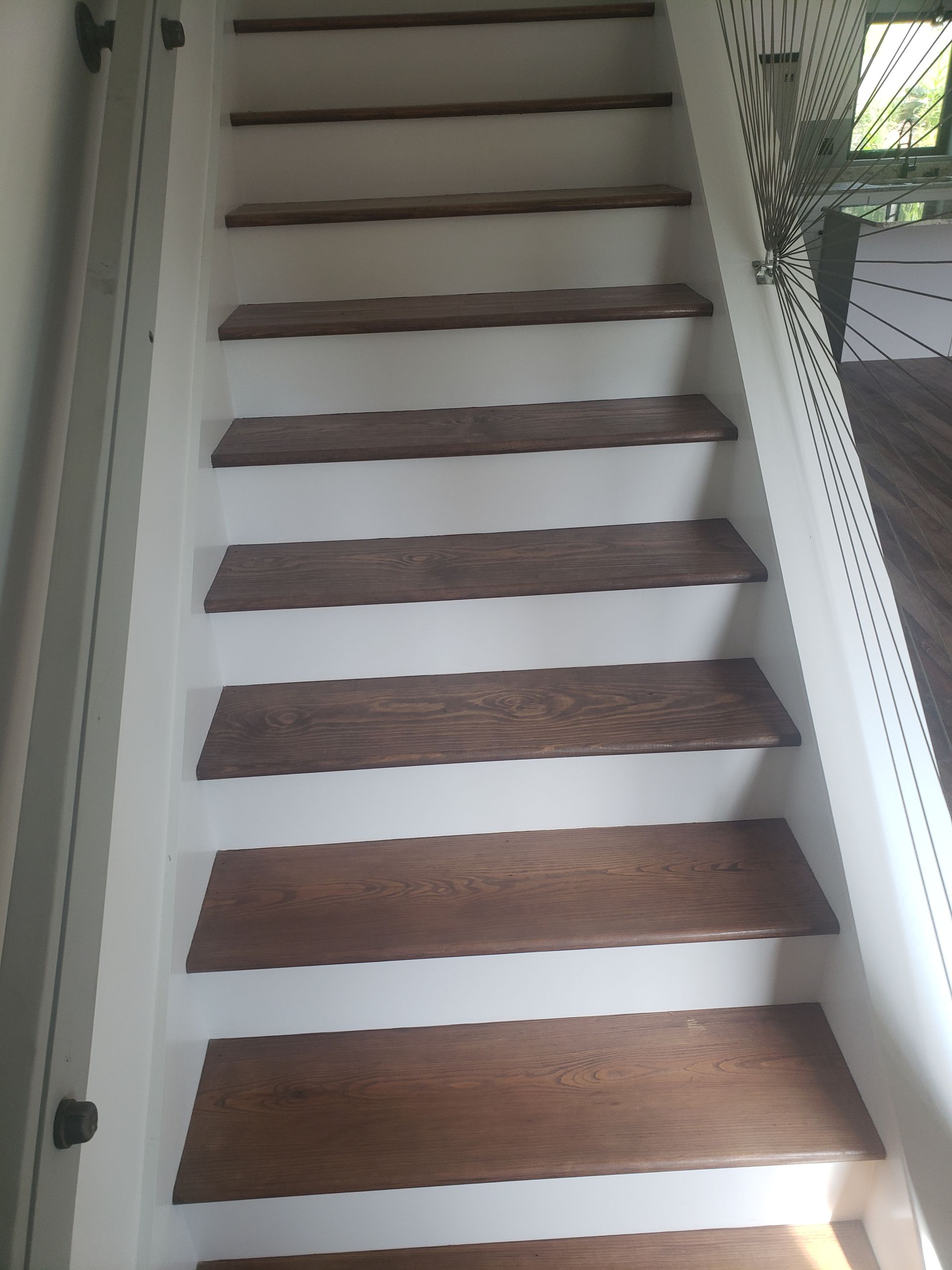 A set of wooden stairs with white steps in a house.
