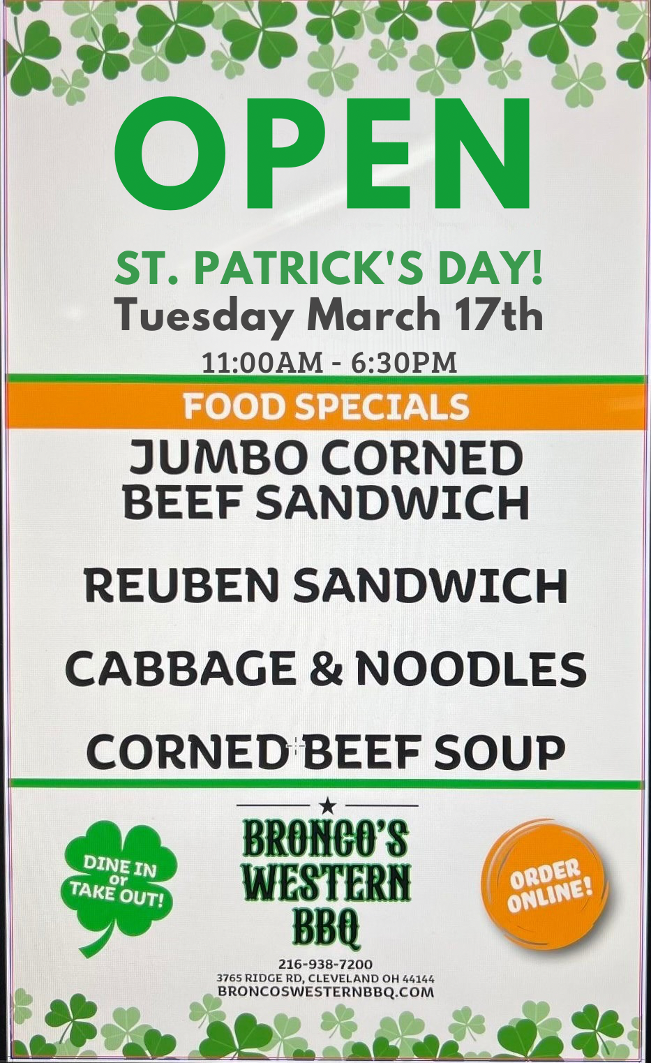 Bronco's Western BBQ Lent Fish Specials menu: catfish, haddock, perch, walleye, and pierogies, with sides. Available during Lent.