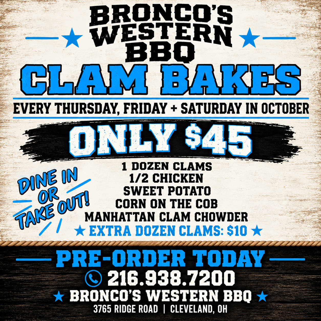 Bronco's Western BBQ Flyer - Clam Bakes
