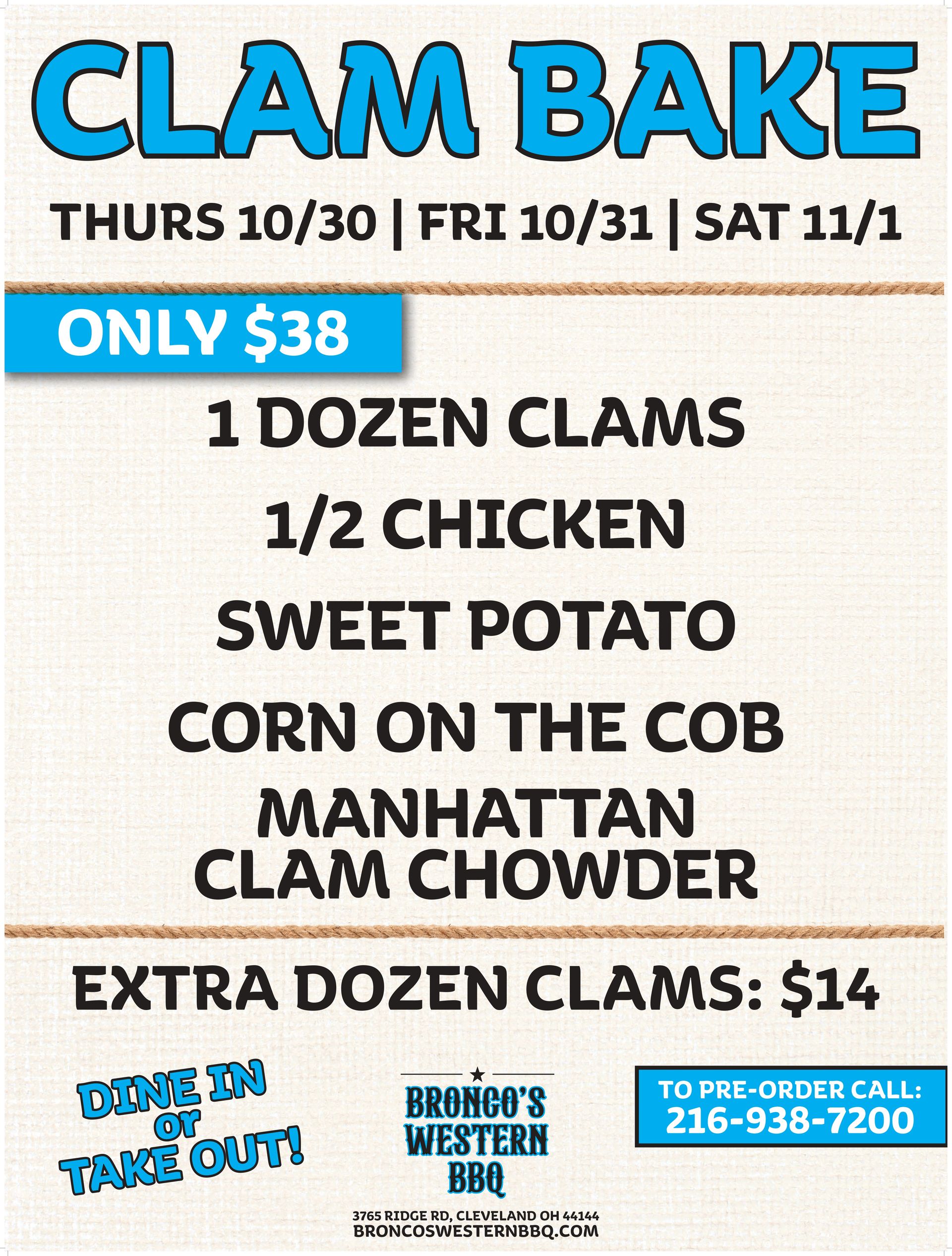 Clam bake advertisement: $38 meal includes clams, chicken, sweet potato, corn, and Manhattan clam chowder.