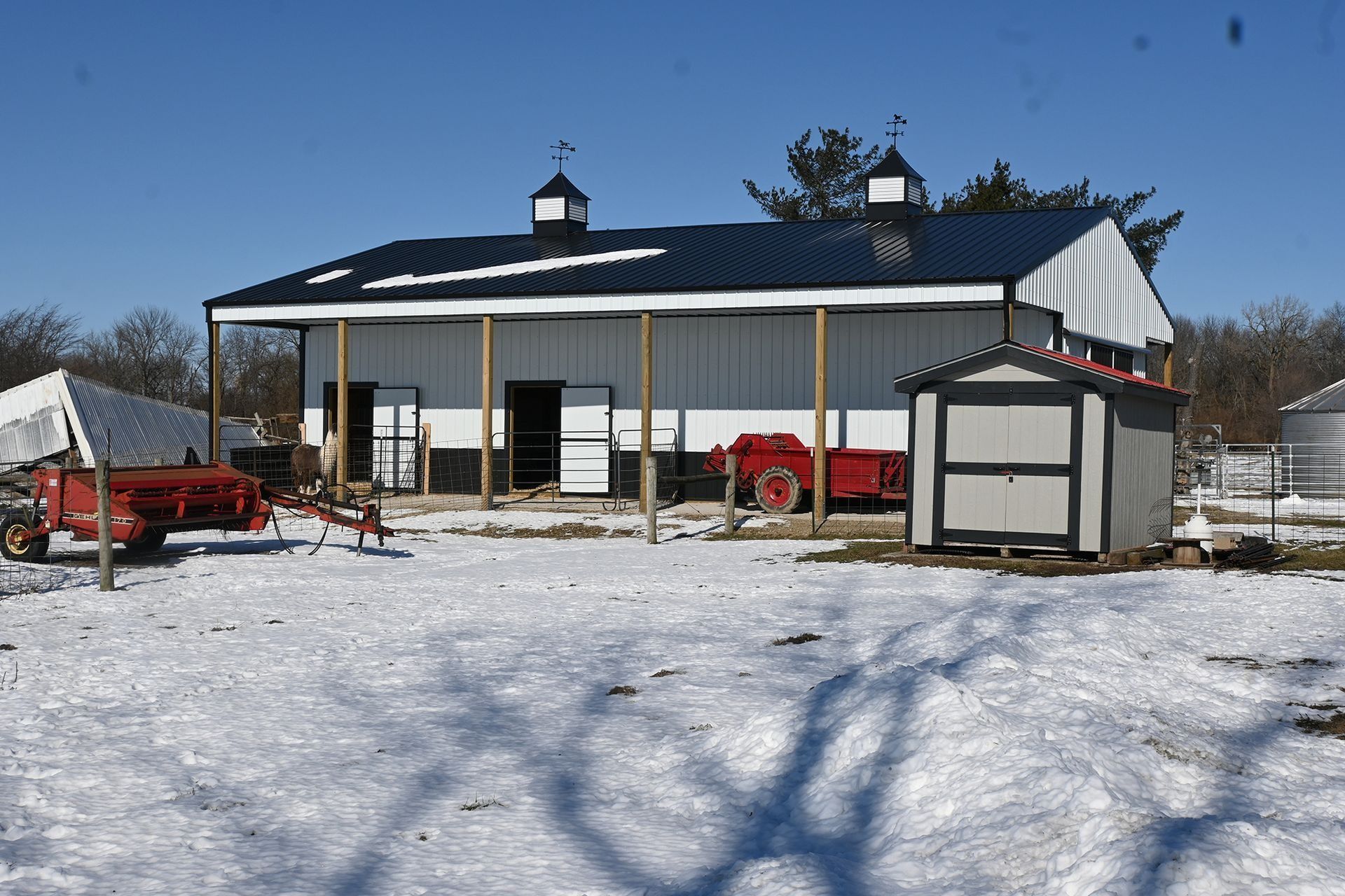 White barn with black roof and shed in a snowy yard under a blue sky.