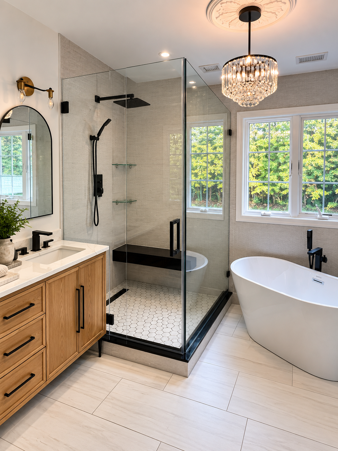 Modern bathroom with glass shower, freestanding tub, wood vanity, and black fixtures