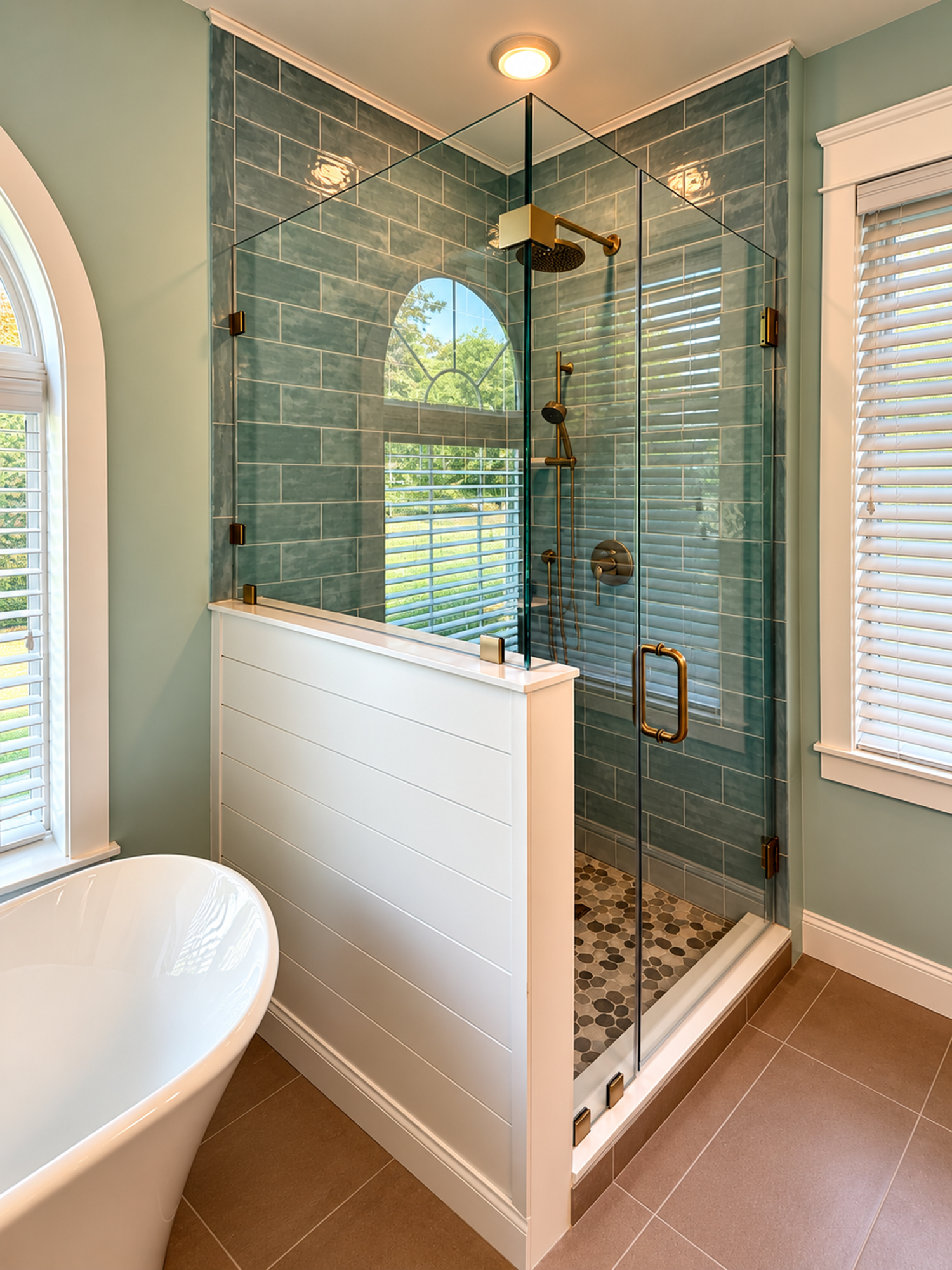 Modern bathroom with a glass-enclosed shower, blue tile walls, and a white half wall next to a bathtub.