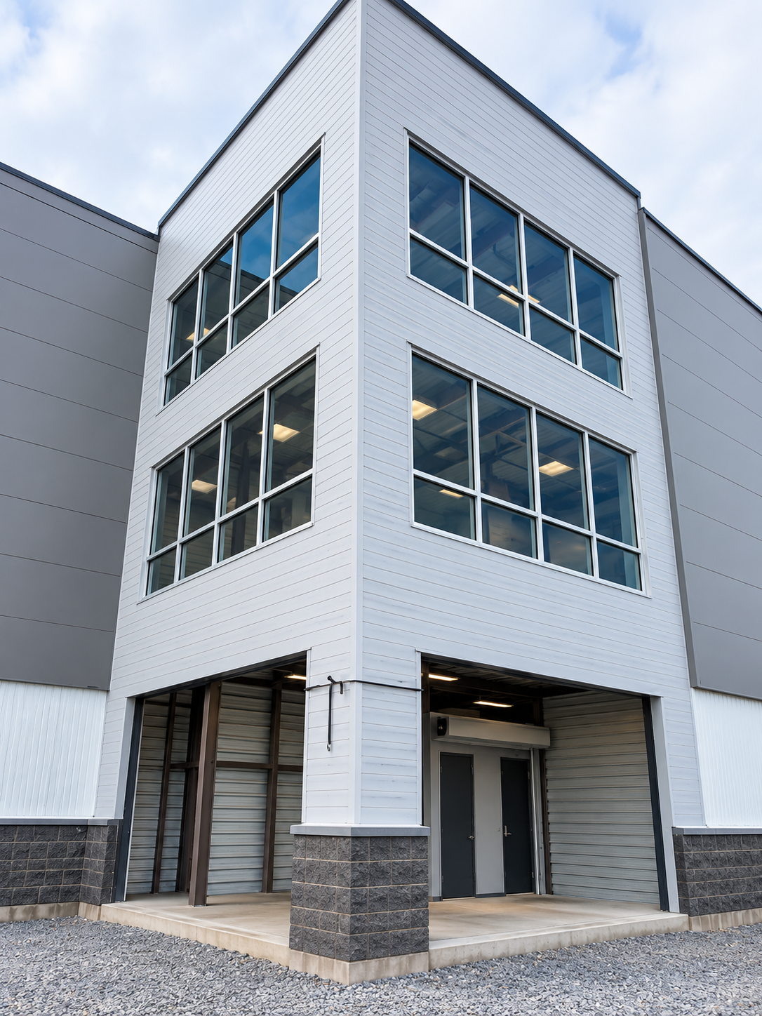 Modern gray industrial building exterior with large windows and a covered entrance