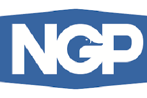 Blue and white NGP logo, with a duck icon in the 