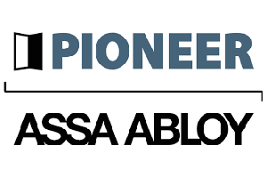 PIONEER logo with an open book icon above and ASSA ABLOY below, both in a black and blue color scheme.