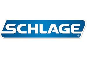 Schlage logo: white text on blue rectangular background, rounded corners.