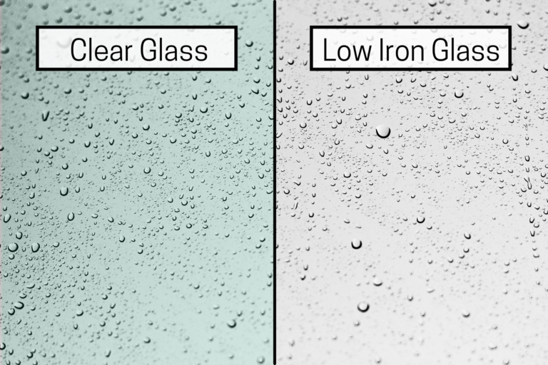 Comparison of clear glass and low-iron glass, showing the difference in color and clarity with water droplets.