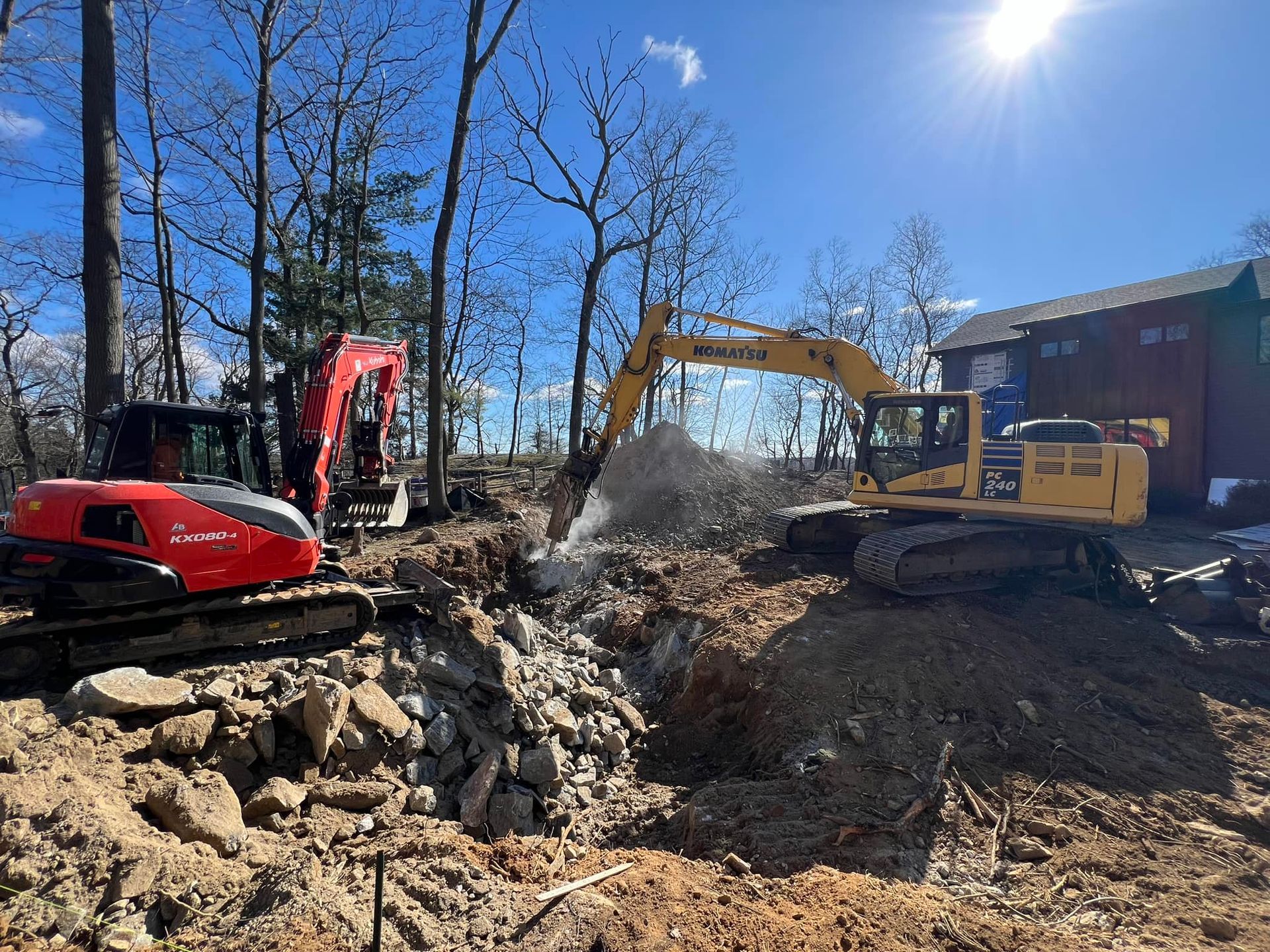 Two excavators digging, one red and one yellow, in a wooded area on a sunny day.