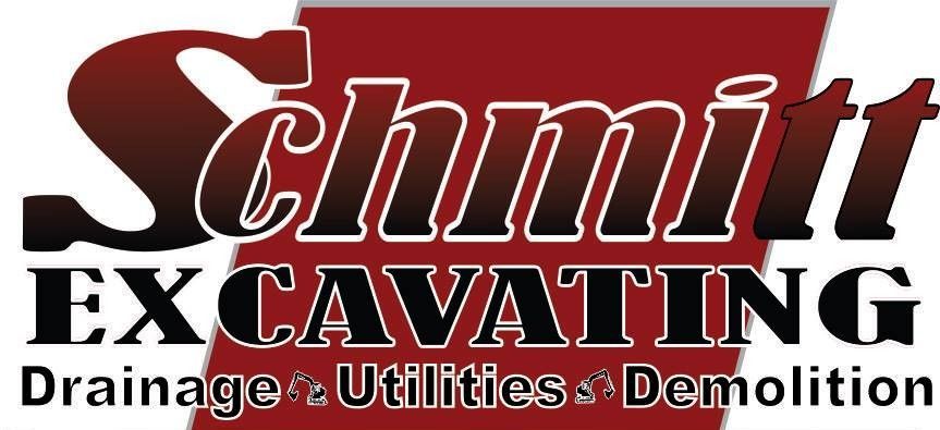 Black rectangle with the white text "SCHMITT EXCAVATING," and a red line.