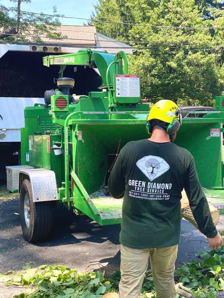 A man is standing in front of a green tree chipper.
