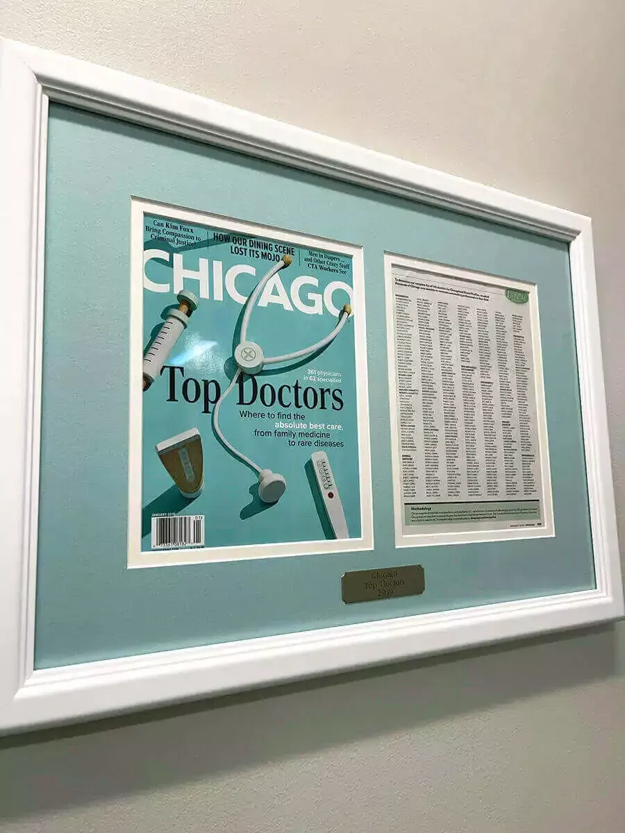 A framed display features a Chicago magazine 
