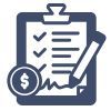 A clipboard with a checklist, a dollar sign icon, and a pencil signing a document, all in dark blue.