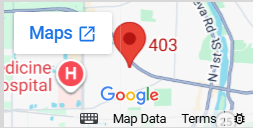 Google Maps snippet showing a map location pin with the number 403, a hospital icon, and a link to open in Maps.
