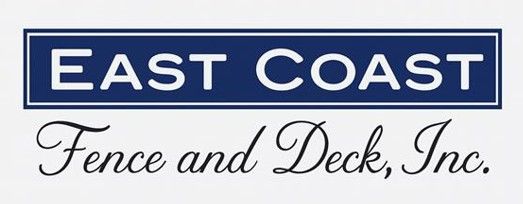 Logo for East Coast Fence and Deck, Inc., blue background with white text, cream background.