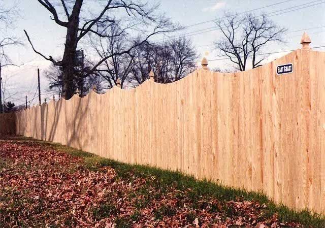 Wooden fence with decorative top, bordering a grassy area with fallen leaves and trees in the background.