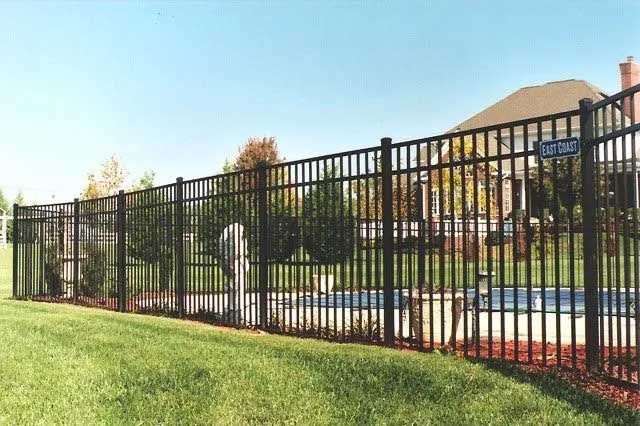 Black metal fence surrounding a backyard pool, with green grass and house in the background.