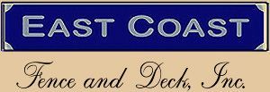 Logo for East Coast Fence and Deck, Inc., blue background with white text, cream background.