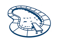 Blue outline of a kidney-shaped swimming pool with a diving board and surrounding brickwork.